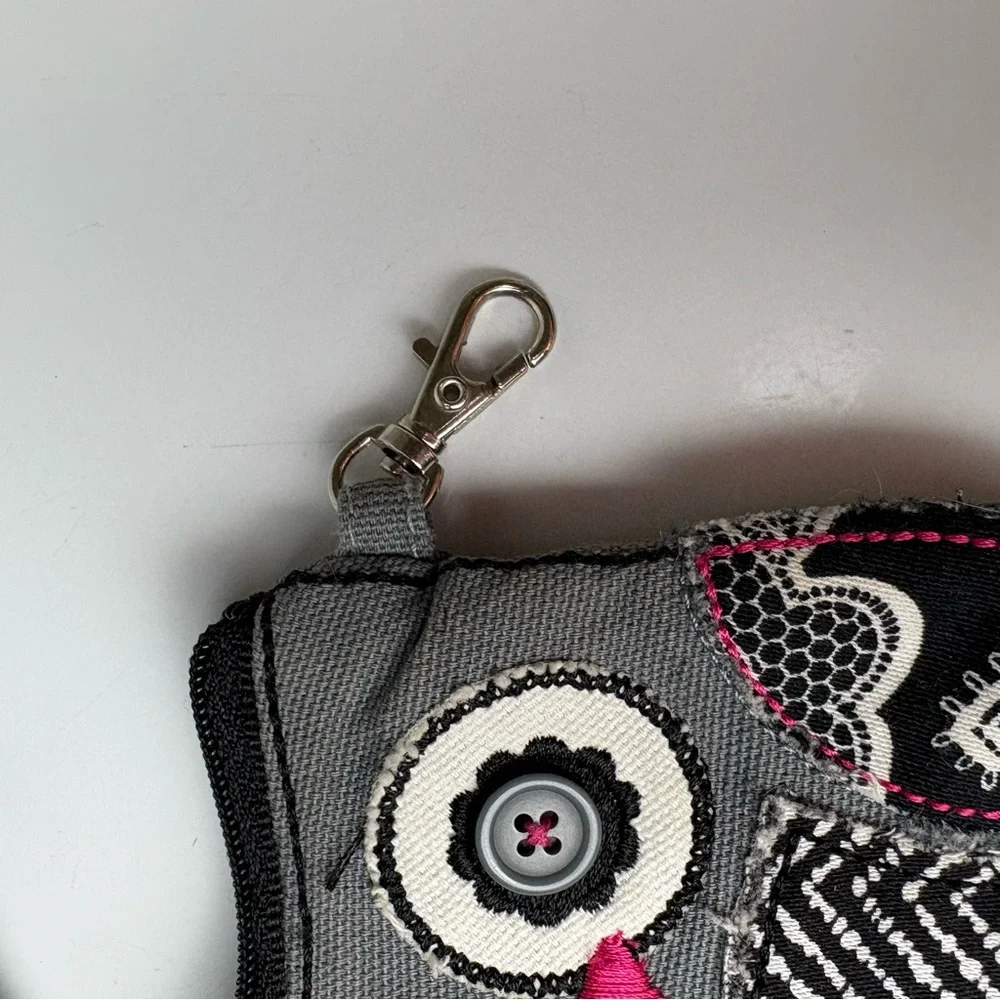Thirty One Gifts gray, black, white and pink patchwork owl coin purse
